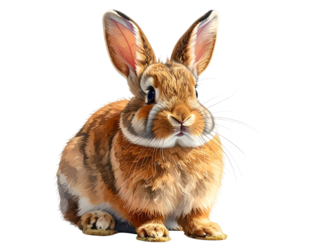 Adorable fluffy brown rabbit with long ears, gentle animal, transparent background.