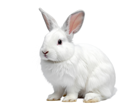 Adorable fluffy white rabbit with long ears, gentle animal, transparent background.
