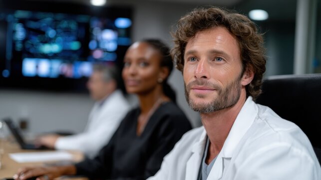 This image shows healthcare professionals collaborating in a modern setting, highlighting teamwork and innovation in patient care and medical technology.