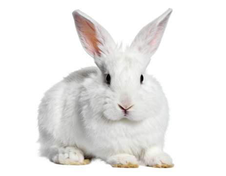 Adorable fluffy white rabbit with long ears, gentle animal, transparent background.