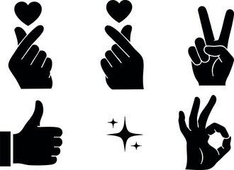 Hand Gesture Icons with Hearts Thumbs Up Peace and Okay Signs Vector Illustration