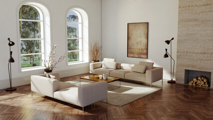 Naklejka premium Large luxury modern bright interiors Living room mockup illustration 3D rendering image