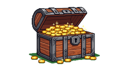Pixel Art Treasure Chest Overflowing with Gold Coins Isolated on Transparent Background for Fantasy Games and Digital Art