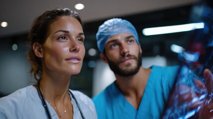 A collaborative medical team reviews a digital health scan display, emphasizing teamwork and critical analysis in understanding patient health and treatment plans.