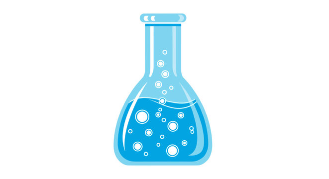 Bubbling blue liquid in laboratory flask for science experiment isolated on transparent background