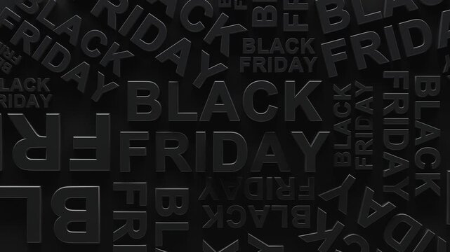 Word cloud of Black Friday text with dark shadows popping out of dark background. 3d render graphic of pop out Black Friday text in different sizes. Black Friday sales, advertisement for Black Friday