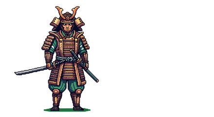 Fototapeta premium Pixel Art Samurai Warrior Ready for Battle in Traditional Armor Holding Katana Sword Isolated on Transparent Background