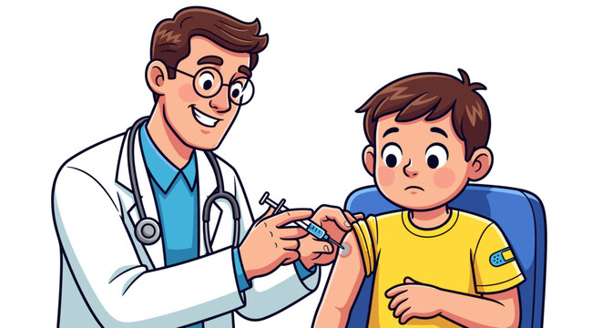 Doctor administers vaccination to child with worried expression isolated on transparent background healthcare concept