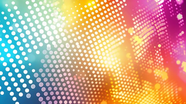 Vibrant abstract pattern with glowing dots in a spectrum of bright colors, creating a dynamic and energetic background.