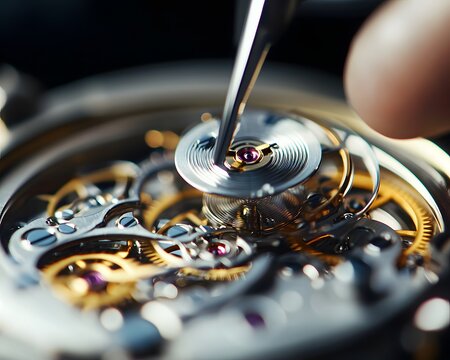 A close-up view of a skilled watchmaker assembling a mechanical watch movement, showcasing intricate gears and components, highlighting precision craftsmanship and artistry. - Powered by Adobe