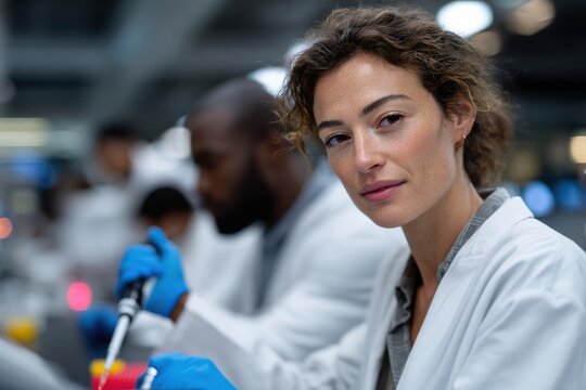 A determined female scientist conducts research in a modern laboratory, underscoring the advancements in science and the critical nature of laboratory work for society.