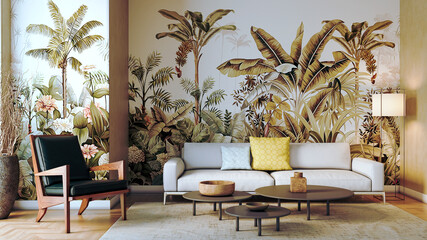 Fototapeta premium Large luxury modern bright interiors Living room mockup illustration 3D rendering image