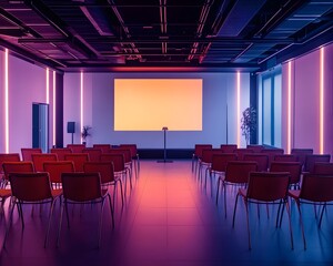 A modern conference room featuring vibrant lighting, neatly arranged chairs, and a large projection screen, perfect for presentations, meetings, and corporate events.