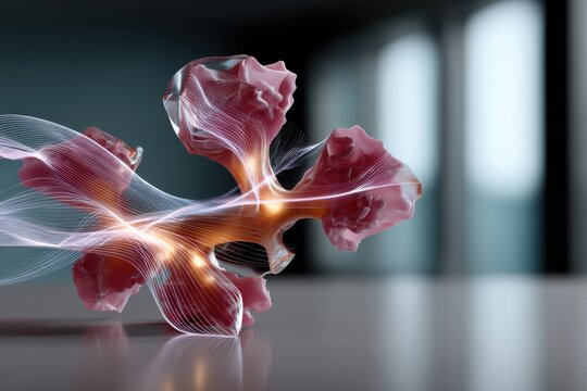 Futuristic organic shapes with flowing lines and soft colors interconnect, creating an abstract representation of emotion and movement, capturing the essence of creativity and fluidity.