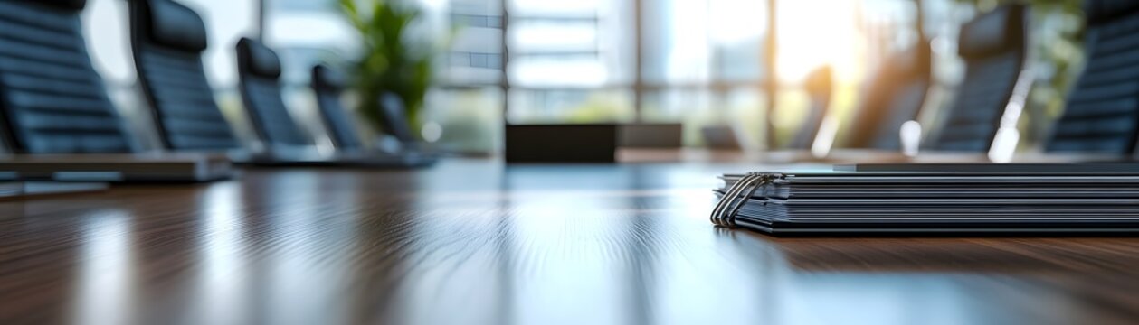A modern conference room with a polished wooden table, sleek chairs, and large windows allowing natural light. Ideal for meetings, presentations, and corporate gatherings.