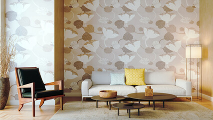 Fototapeta premium Large luxury modern bright interiors Living room mockup illustration 3D rendering image