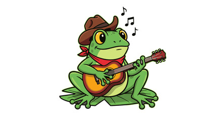 Fototapeta premium Whimsical Frog Cowboy Playing Guitar with Musical Notes Isolated on Transparent Background