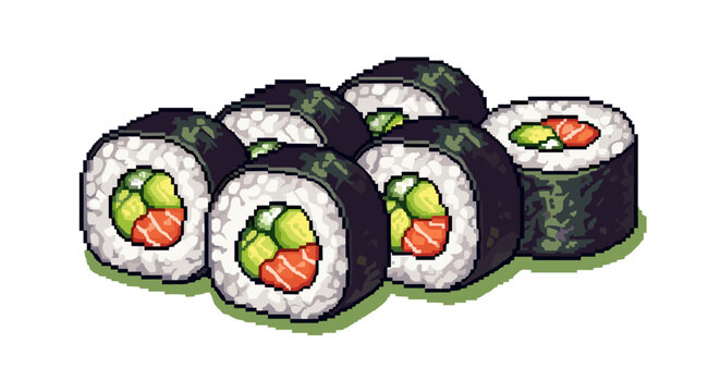 Delicious Pixel Art Sushi Rolls Featuring Fresh Salmon and Avocado Isolated on Transparent Background for Culinary Concepts