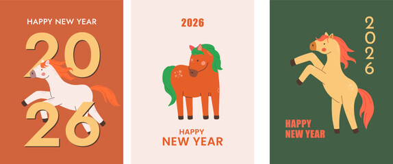 Set of Chinese New Year of the horse 2026 greeting card vector illustration.