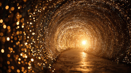Magical tunnel wrapped in thousands of twinkling fairy lights glowing in warm golden tones, lens flare and bokeh effects, dazzling bright light at end with cinematic illumination