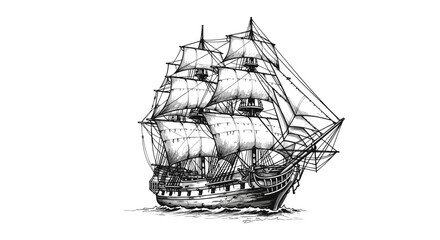 Detailed Ink Drawing of Antique Sailing Ship Navigating Open Sea Isolated on Transparent Background Vector Art