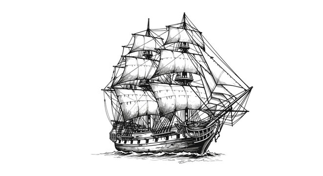 Detailed Ink Drawing of Antique Sailing Ship Navigating Open Sea Isolated on Transparent Background Vector Art