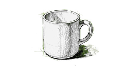Hand Drawn Sketch of a White Ceramic Coffee Mug with Detailed Shading Isolated on Transparent Background