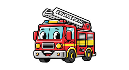 Adorable Red Fire Truck Character Happy Friendly Cartoon Engine with Extendable Ladder for Emergency Services and Safety Education isolated on transparent background