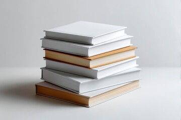 A stack of seven books is seen against a muted background featuring white and beige covers
