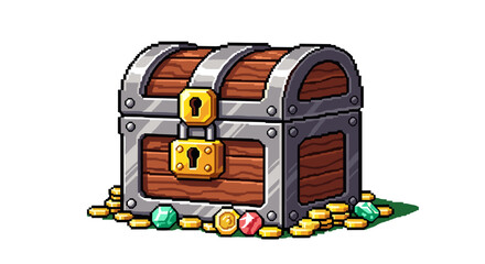 Pixel Art Treasure Chest Filled with Gold Coins Gems Isolated on Transparent Background