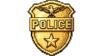 Golden Pixel Art Police Badge Emblem for Law Enforcement Security and Justice Symbol Isolated on Transparent Background