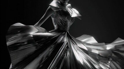 Dynamic grayscale image of a model in a sharply angled, pleated gown, dark backdrop