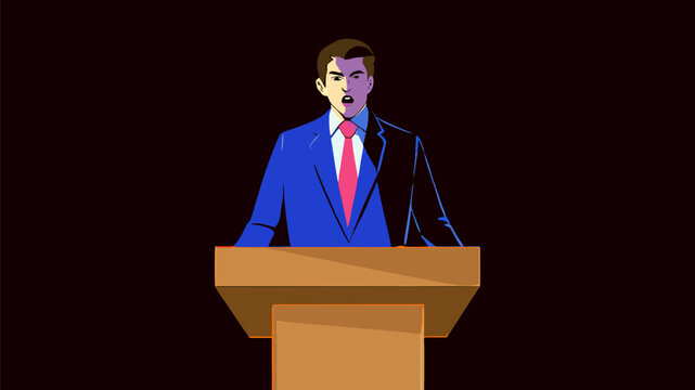 Politician Speaking from Lectern Under Dramatic Light and Shadow