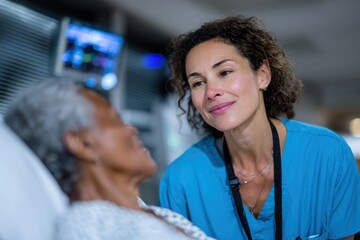 A caring female doctor attentively interacts with an elderly patient, embodying compassion and trust essential in healthcare relationships, promoting comfort and emotional support.