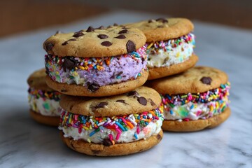 A stack of 5 chocolate chip cookie ice cream sandwiches covered in colorful sprinkles sits on a marble surface