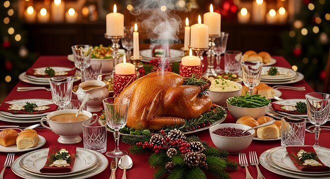 A beautifully set holiday table awaits a festive feast, featuring a golden-brown roasted turkey centerpiece surrounded by delicious side dishes and glowing candles