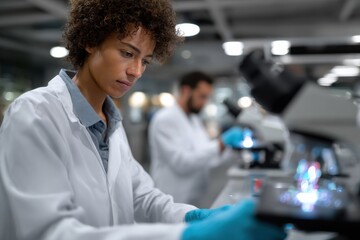 A dedicated female scientist meticulously analyzes samples under a microscope, symbolizing the importance of women in STEM fields and their contributions to scientific progress.