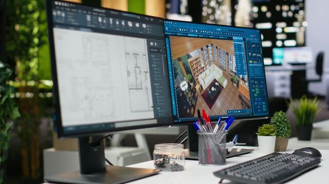 Empty design office with modern desk showcasing blueprint drafting and 3D modeling software on screen. Digital workspace emphasizes creative visualization in a professional environment.