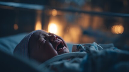 Newborn baby crying in a dimly lit hospital nursery during late evening hours