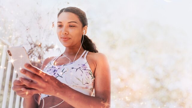 Social media desktop wallpaper, woman using phone