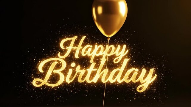 Elegant 'Happy Birthday' greeting in glowing gold script with a balloon and sparkles.