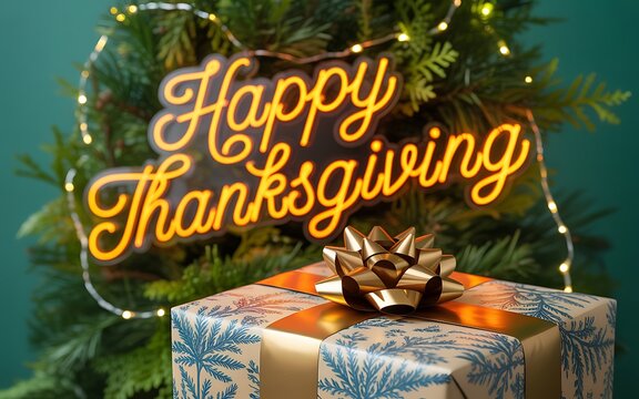 Happy Thanksgiving Neon Sign with Gift Box and Christmas Tree Lights