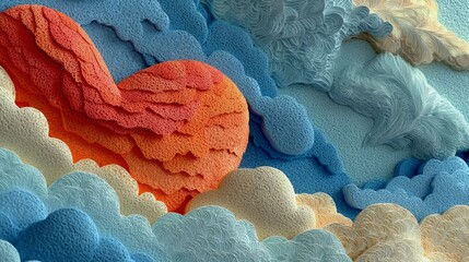 A textured, layered heart in vibrant orange and red is nestled among soft, fluffy clouds of various blues, whites, and yellows.