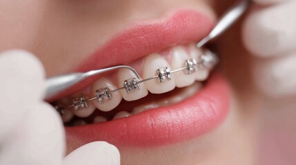 Patient receiving dental care with braces adjustment in modern clinic during a bright afternoon