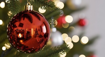 Close-up of a vibrant red Christmas ball decoration on a green pine tree, with warm, blurred holiday lights creating a beautiful bokeh effect