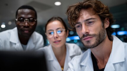 A diverse medical team intently analyzes data on a laptop in a bright clinic, emphasizing teamwork, innovation, and the future of healthcare through technology.