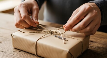 Close-up of hands carefully tying a decorative twine bow around a rustic brown paper gift box, symbolizing the joy of thoughtful giving and preparation