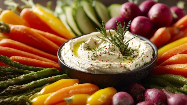 Fresh vegetable platter with hummus and herbs arranged beautifully on a wooden table