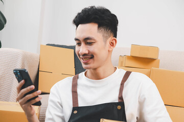 Startup small business owner packing boxes for online customer delivery. Entrepreneur managing e-commerce orders, shipping parcels, and running home-based business operations from home office.