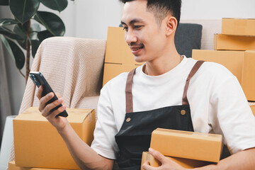 Startup small business owner packing boxes for online customer delivery. Entrepreneur managing e-commerce orders, shipping parcels, and running home-based business operations from home office.